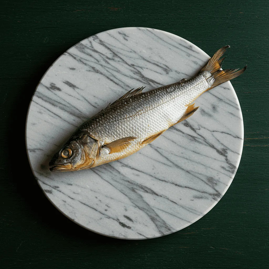 Tambour / Capitaine NANKA fumé - POISSON - NKOSI sur plateau rond en marbre, poisson fumé entier prêt à cuisiner, spécialité surgelée de la mer.