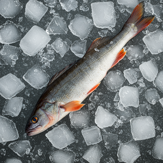Poisson entier frais avec nageoires orange vif entouré de glace pour Tambour Capitaine NANKA
