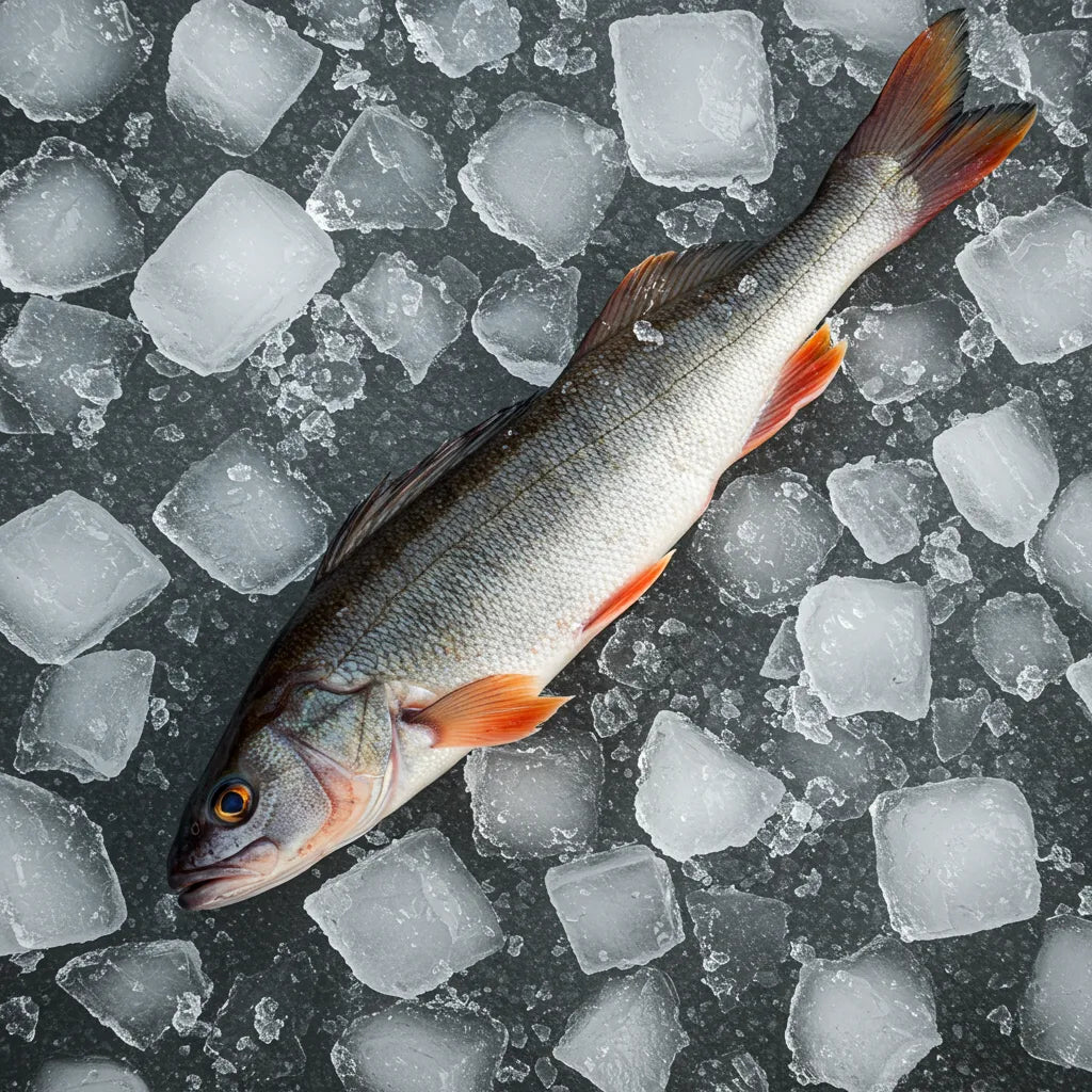 Tambour Capitaine NANKA - Poisson entier surgelé posé sur lit de glaçons, garantissant fraîcheur et conservation optimale.