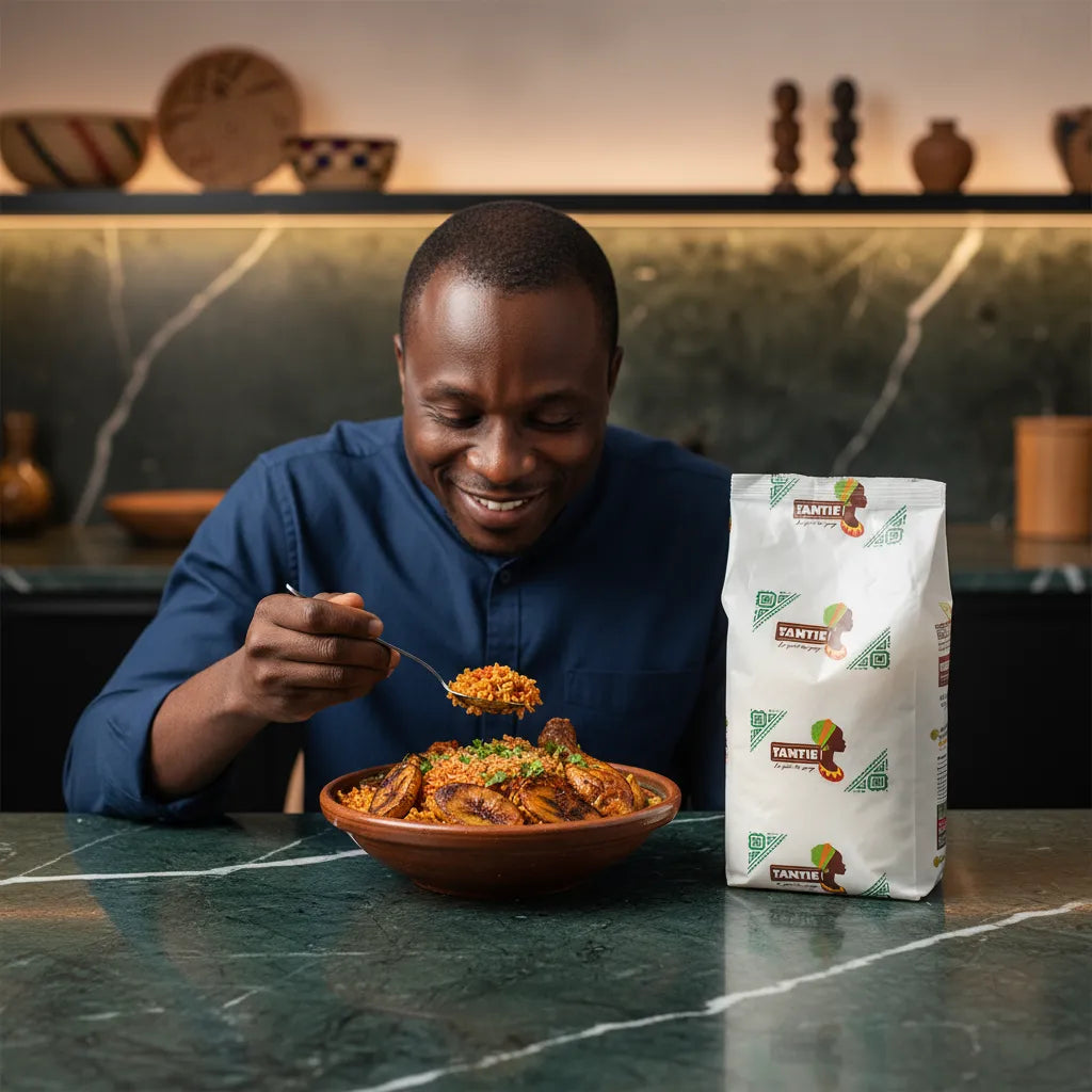Homme dégustant un plat cuisiné avec la fécule de pomme de terre TANTIE - Sans gluten, parfaite pour recettes africaines et pâtisseries maison.