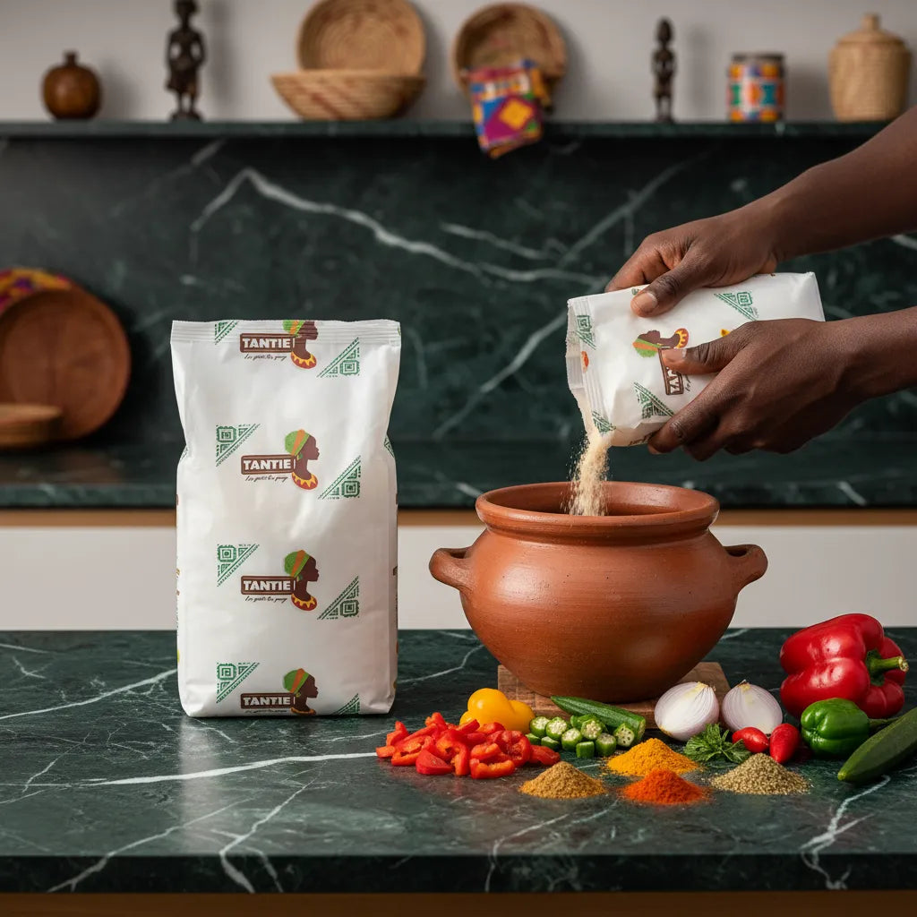 Fécule de pomme de terre TANTIE versée dans une marmite en terre cuite, entourée de légumes frais et épices, idéale pour épaissir sauces africaines.
