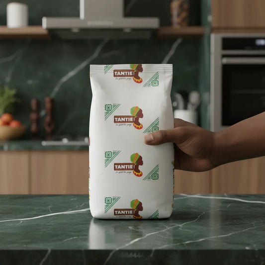 Main tenant un paquet de fécule de pomme de terre TANTIE - Sans gluten, sur plan de travail de cuisine moderne, produit d'épicerie salée.