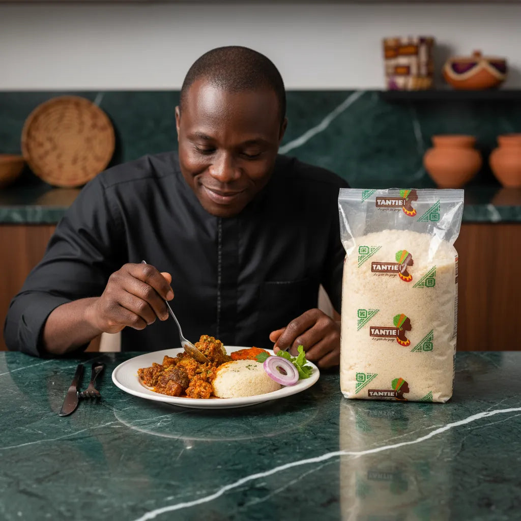 Homme dégustant un plat à base de farine de maïs Fioretto Jaune TANTIE, accompagnée de légumes et sauce, sur une table moderne.