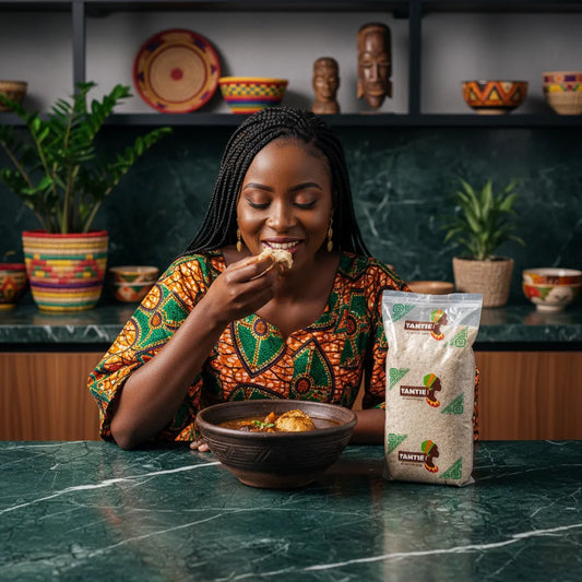 Femme dégustant un plat à base de Fonio TANTIE, céréale ouest-africaine légère et savoureuse, parfaite pour les repas équilibrés.