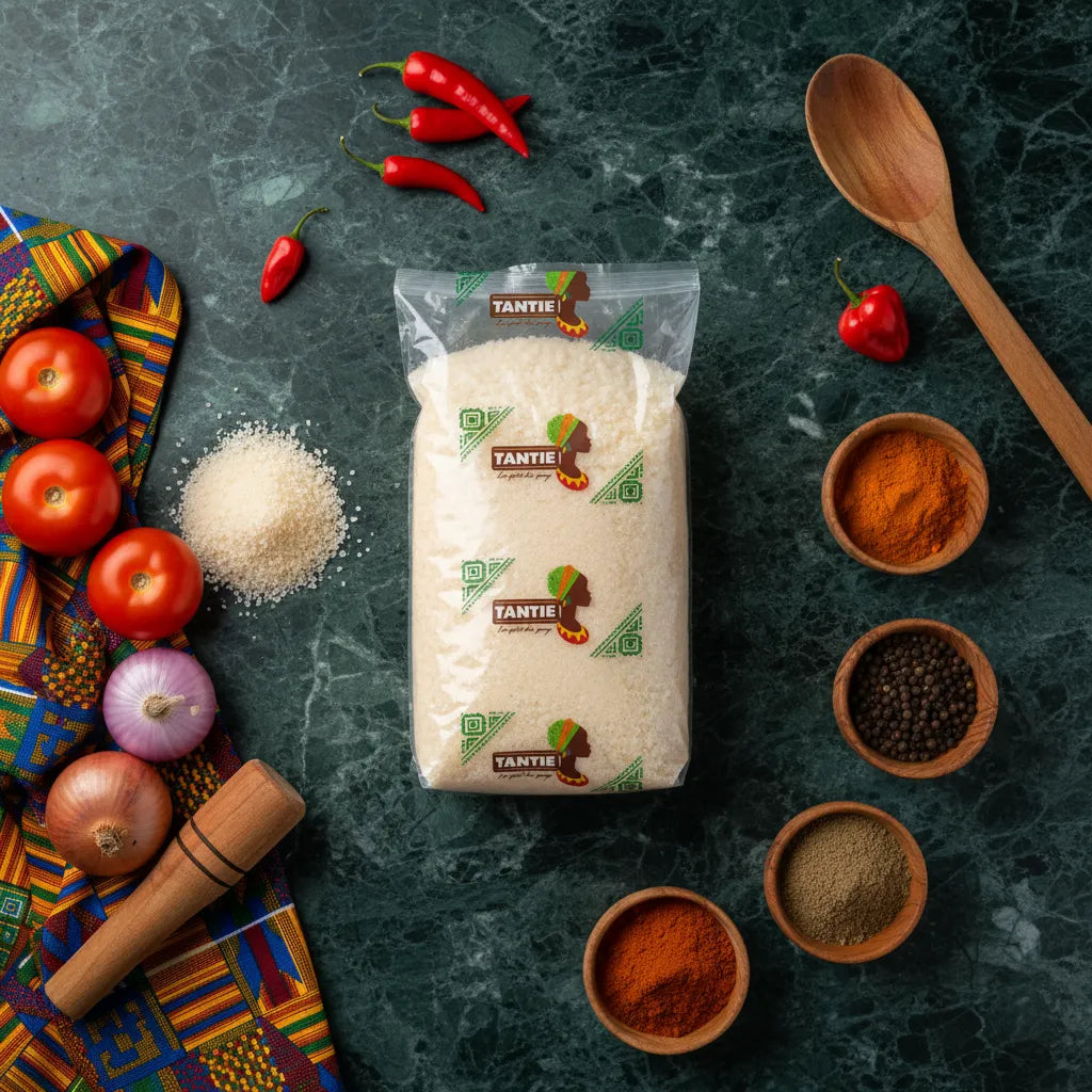 Farine de maïs TANTIE posée sur une table en marbre avec épices, tomates et piments, parfaite pour recettes salées africaines et exotiques.