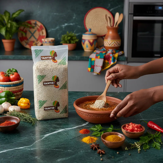 Préparation culinaire avec le Fonio TANTIE - Céréale ouest-africaine à texture délicate, parfaite pour accompagner sauces et légumes.