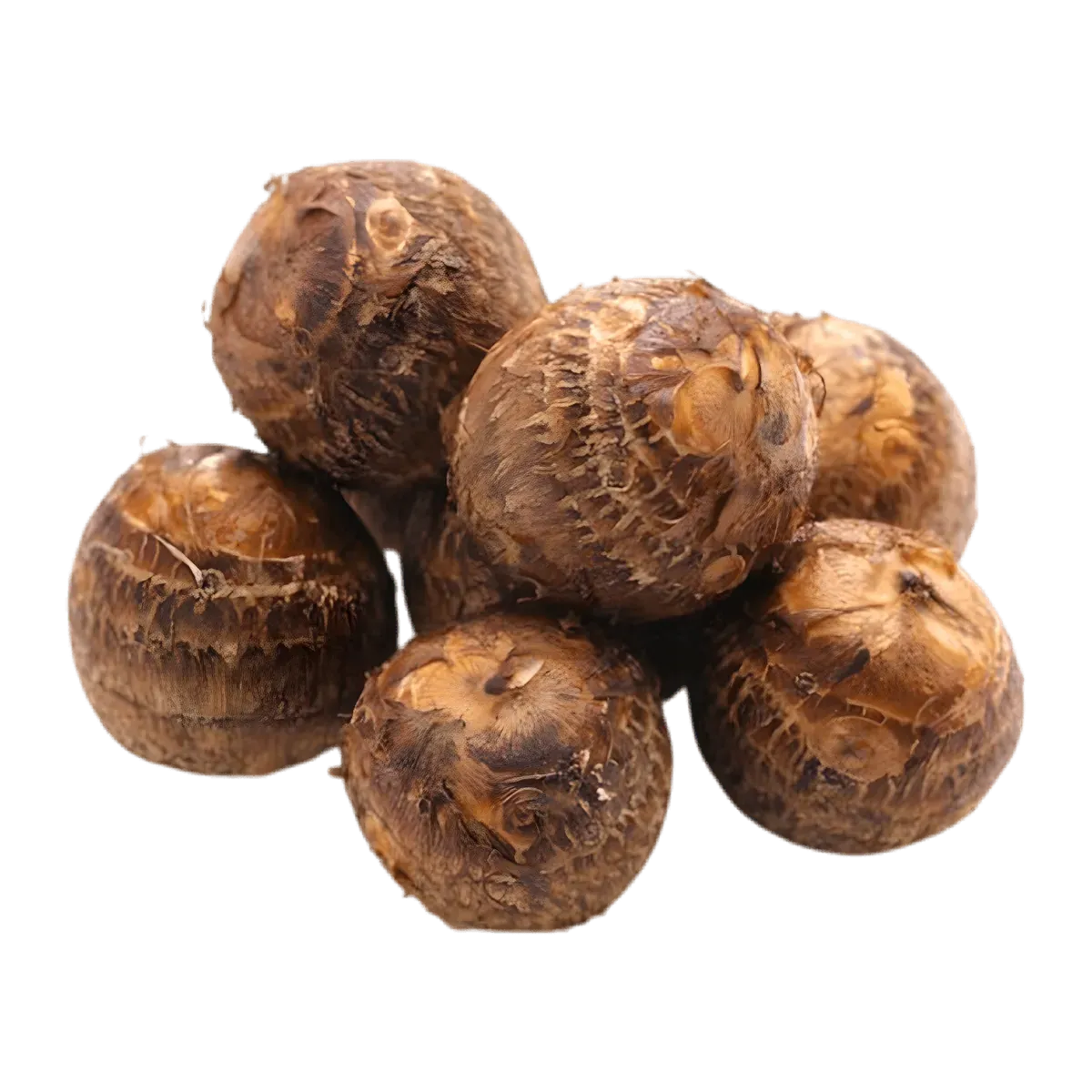 Petits taros ronds à peau brune, parfaits pour cuisson vapeur ou soupes. Taro - Tubercule Taro | Nutritif et Polyvalent.