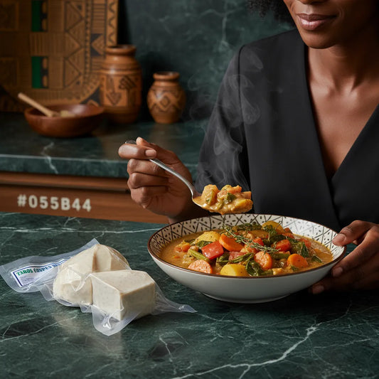 Taro coupé - Surgelé servi dans un plat cuisiné riche en légumes. Légume racine pratique au goût sucré-noisetté pour repas équilibré.