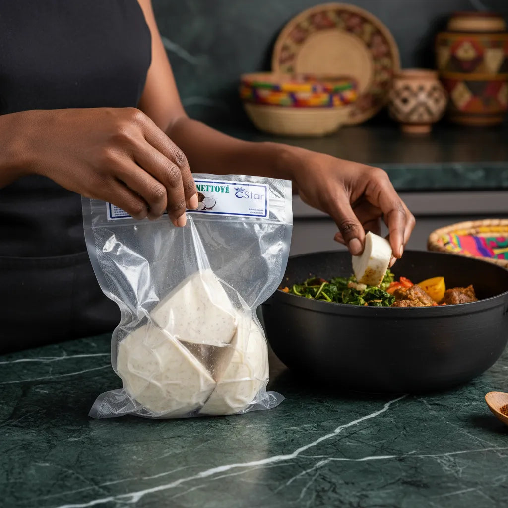 Taro coupé - Surgelé utilisé en cuisine, prêt à être intégré dans un plat mijoté. Produit pratique pour une préparation rapide et savoureuse.