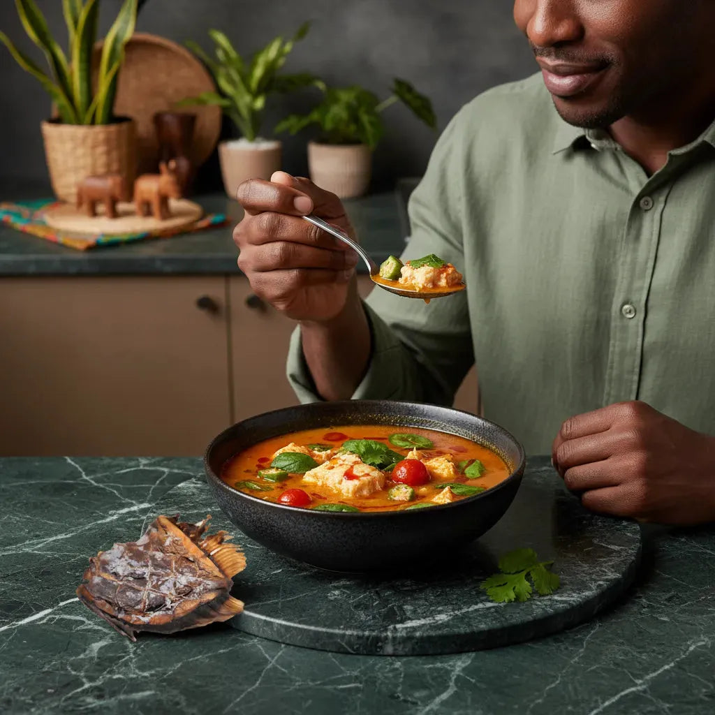 Homme dégustant une soupe traditionnelle à base de Poisson Yete, mettant en valeur sa texture savoureuse et son goût authentique.