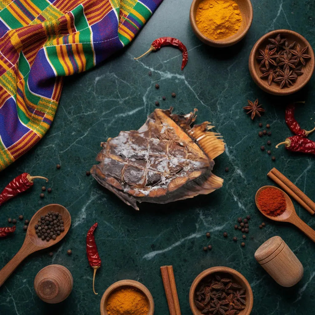 Poisson Yete séché entouré d'épices africaines sur table en marbre vert, illustrant son usage culinaire traditionnel et sa richesse aromatique.