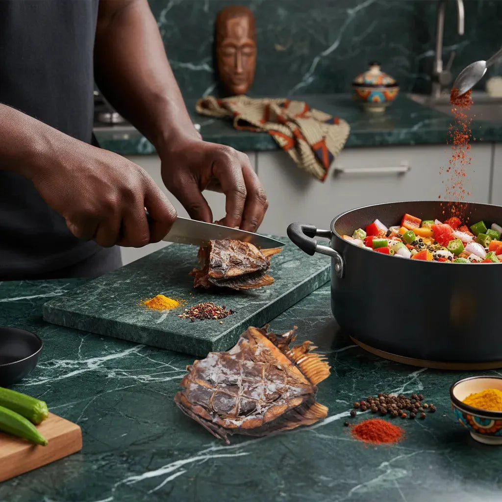 Préparation culinaire avec Poisson Yete découpé sur planche, intégré dans un plat mijoté aux légumes et épices africaines.