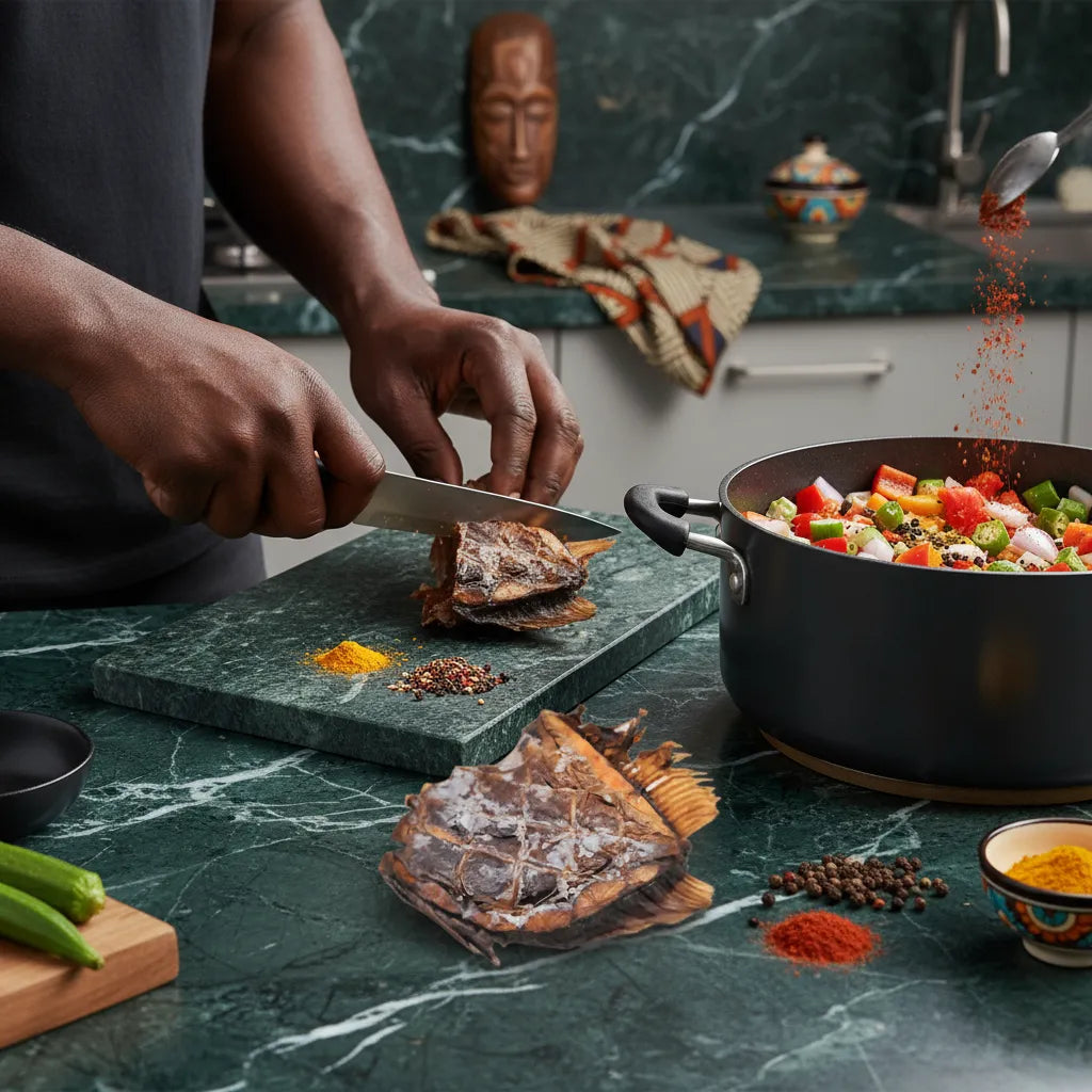 Préparation culinaire avec Saint Pierre fumé découpé, légumes et épices. Poisson savoureux pour recettes variées et équilibrées.