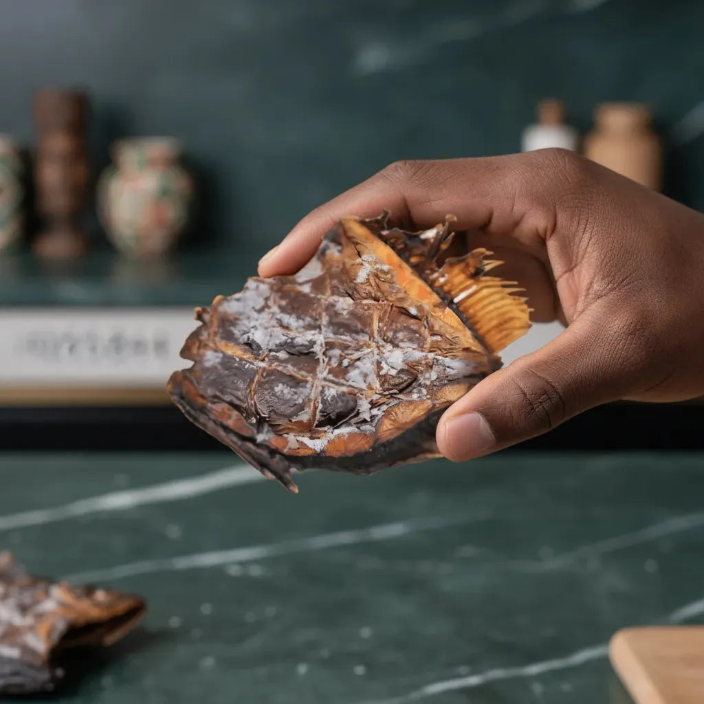 Main tenant un morceau de Poisson Yete séché, montrant sa texture ferme et sa préparation artisanale selon des méthodes ancestrales.