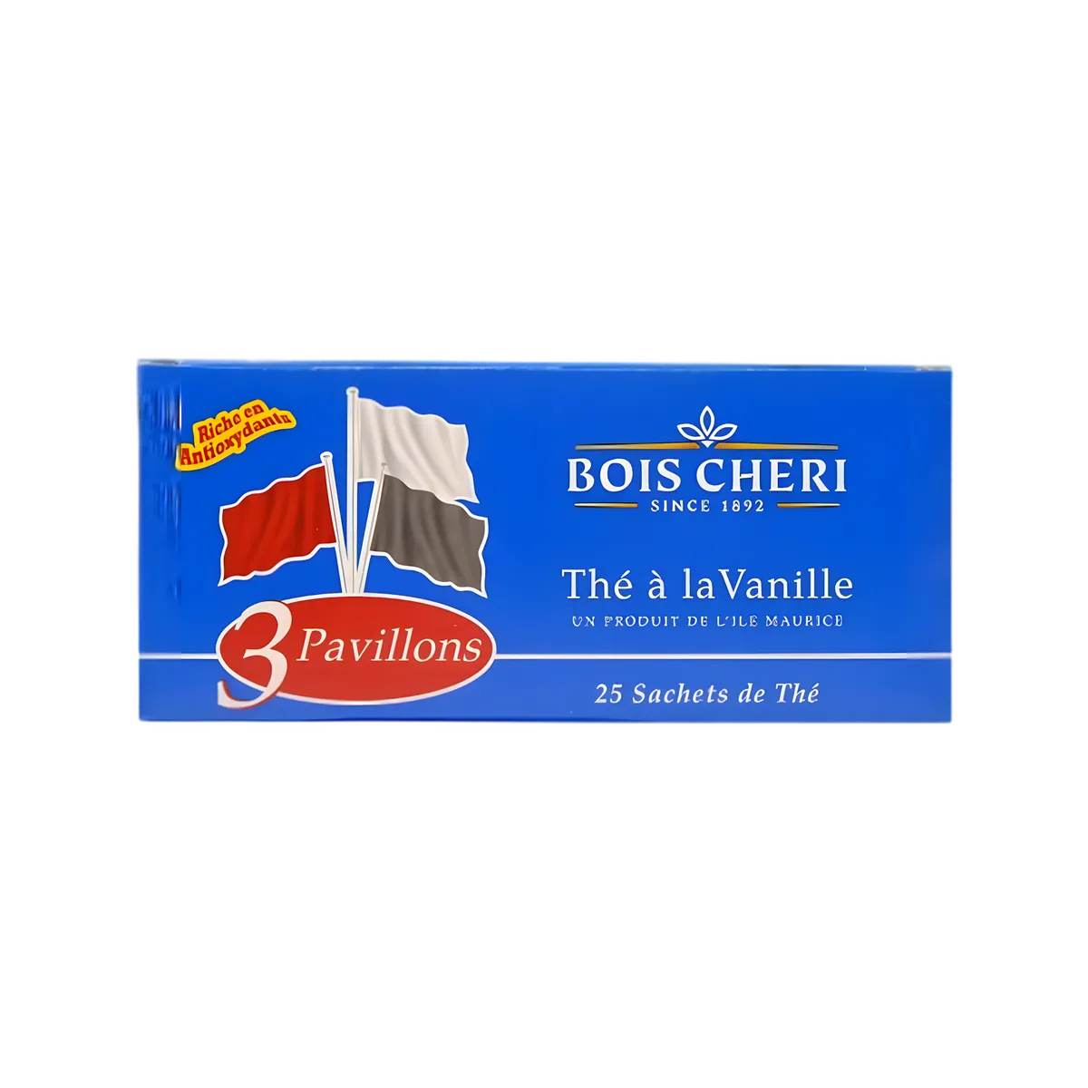 Boîte de Thé 3 Pavillons BOIS CHERI à la Vanille, 25 sachets, infusion délicate aux arômes subtils, produit de l'île Maurice.