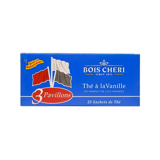 Boîte de Thé 3 Pavillons BOIS CHERI à la Vanille, 25 sachets, infusion délicate aux arômes subtils, produit de l'île Maurice.
