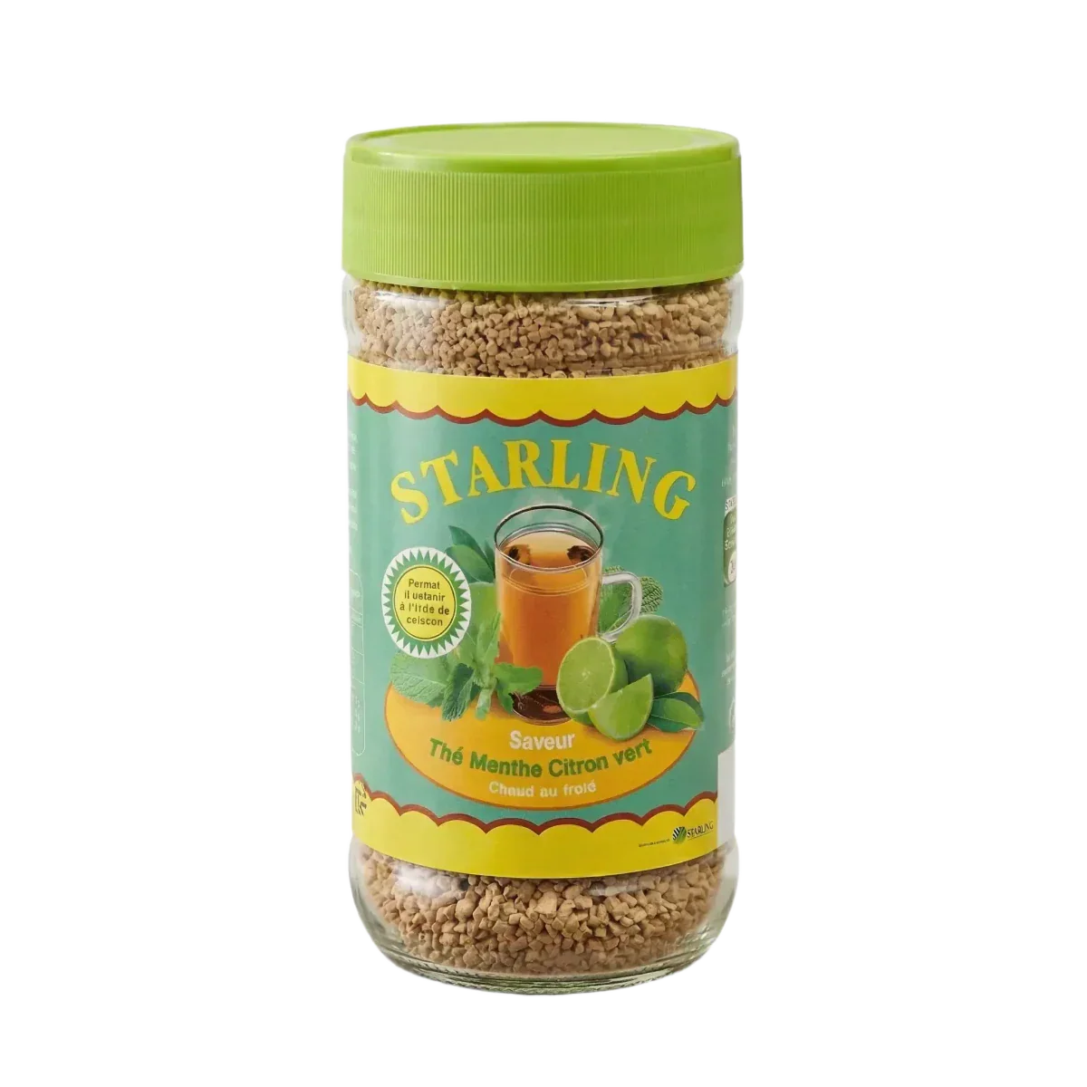 Instant muntthee met limoen van STARLING, in een doorzichtige pot met groene deksel.