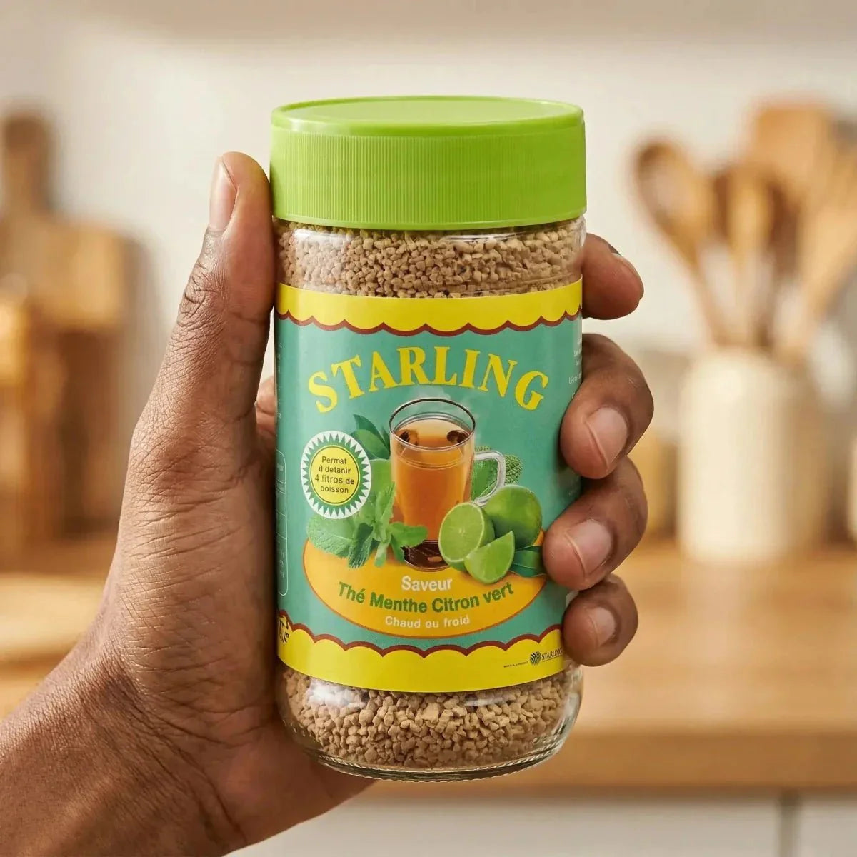 Starling instant munt-limoen thee, in glazen pot met groene deksel.