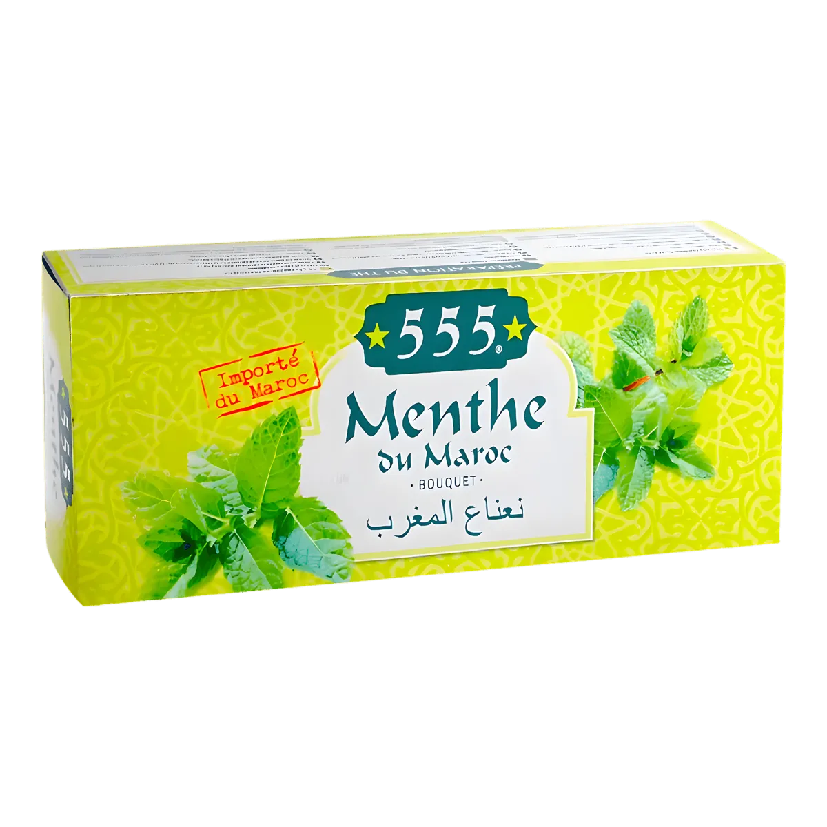 Boîte de thé menthe sèche NANA 555 importé du Maroc, infusion rafraîchissante à base de feuilles de menthe séchées, idéale pour la digestion.
