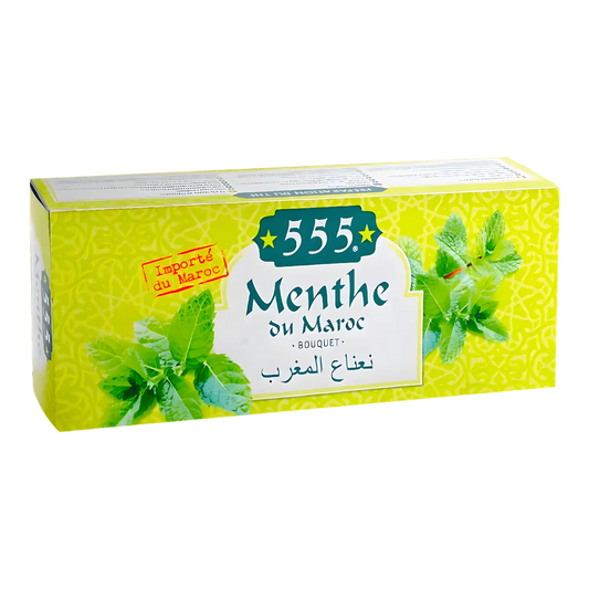 Boîte de thé menthe sèche NANA 555 importé du Maroc, infusion rafraîchissante à base de feuilles de menthe séchées, idéale pour la digestion.