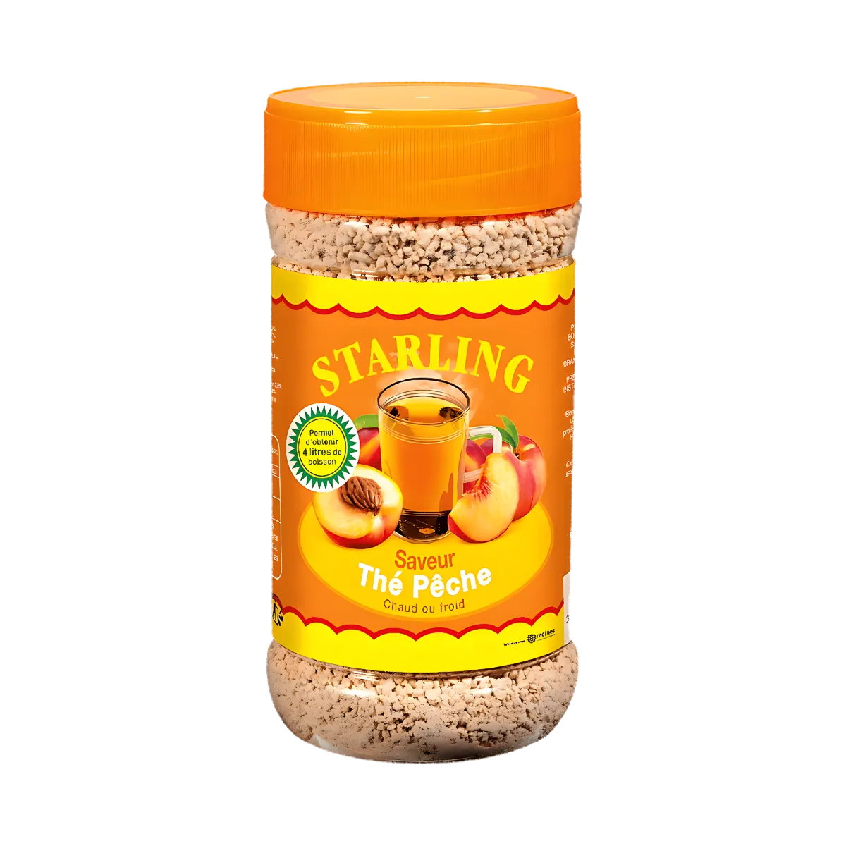 Thé à la pêche STARLING - Thé Pêche Instantané en pot avec étiquetage coloré, idéal pour une préparation rapide chaude ou froide.