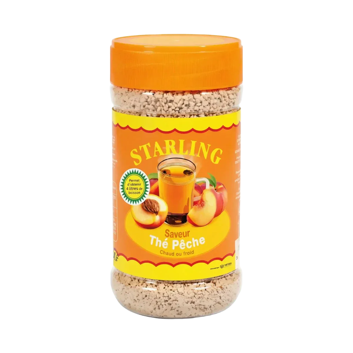 Instant perzikthee van Starling, in een doorzichtige pot met oranje deksel.