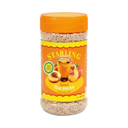 Instant perzikthee van Starling, in een doorzichtige pot met oranje deksel.