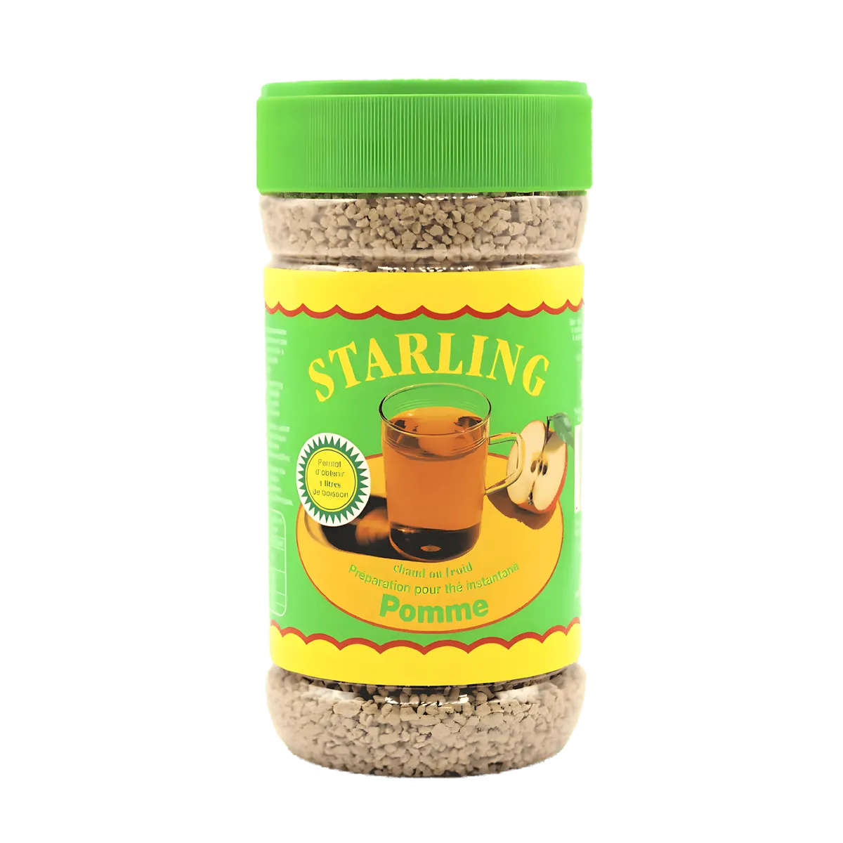 Thé à la pomme STARLING - thé pomme instantané en bocal avec couvercle vert, idéal pour une préparation rapide et savoureuse à la pomme.