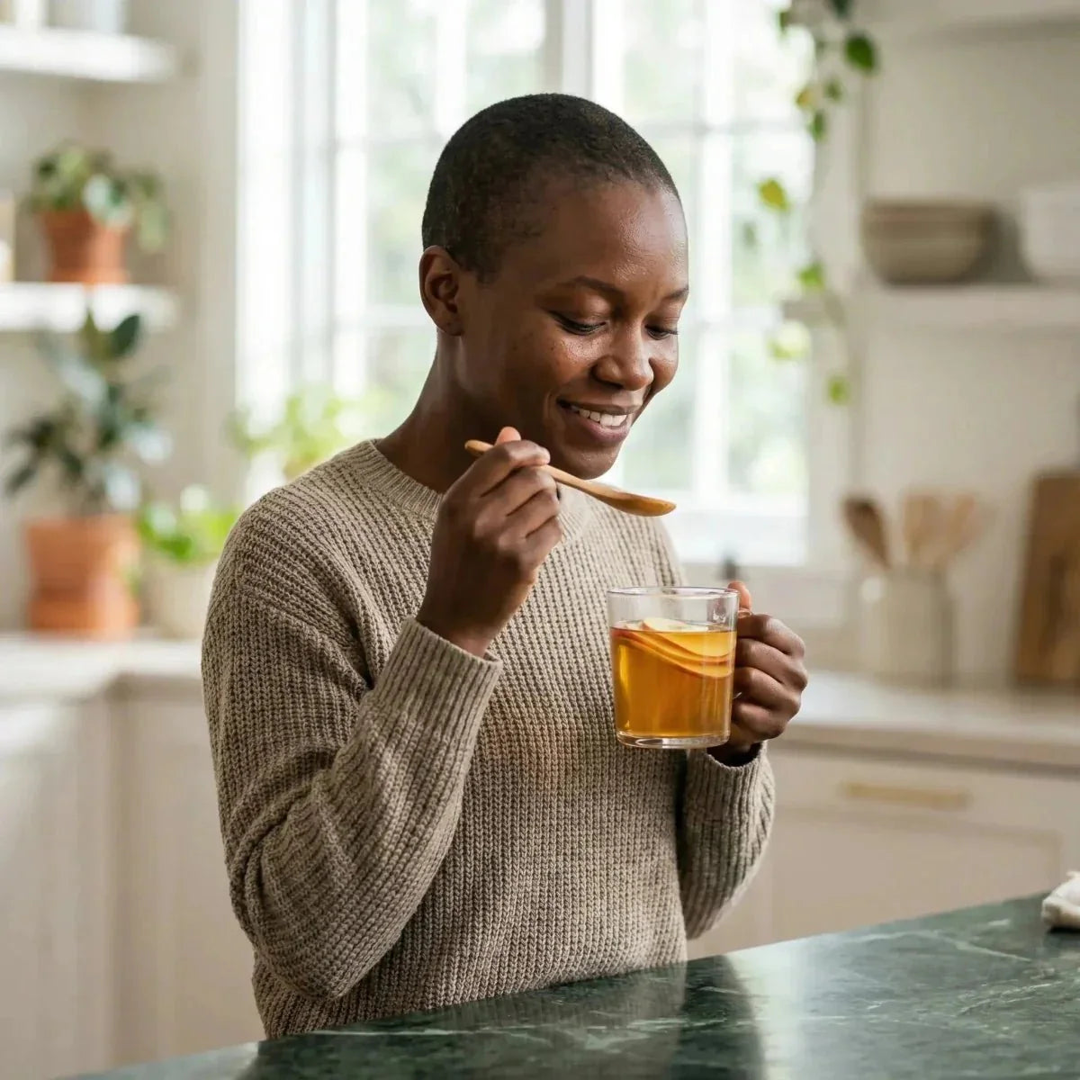 STARLING Thé à la pomme. Femme souriante savourant sa boisson chaude dans une cuisine lumineuse.