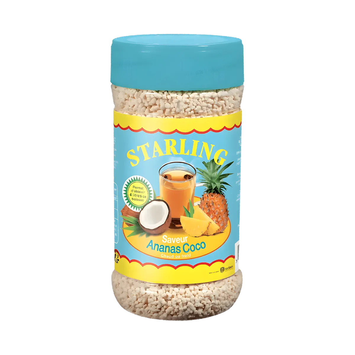 Boîte de thé instantané STARLING saveur ananas coco avec visuel de fruits tropicaux, idéale pour boissons rafraîchissantes estivales.