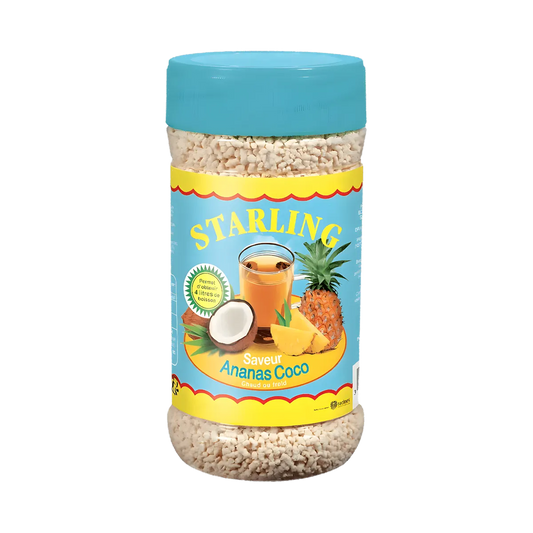 Boîte de thé instantané STARLING saveur ananas coco avec visuel de fruits tropicaux, idéale pour boissons rafraîchissantes estivales.