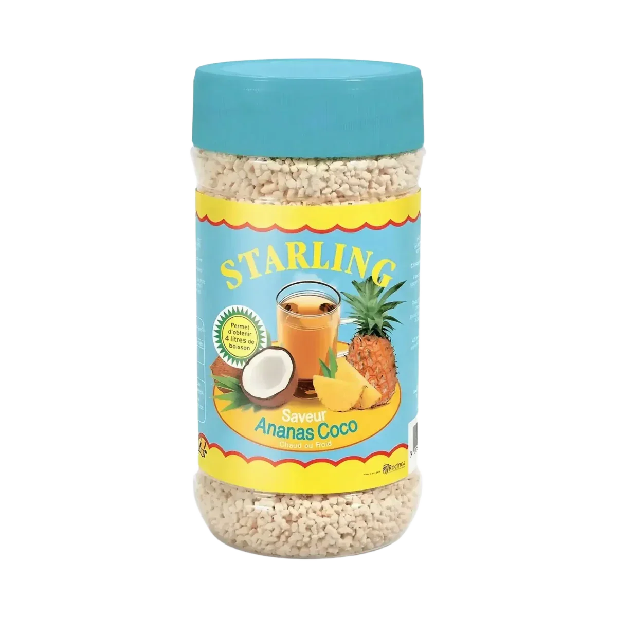 Theeblik met ananas en kokosnoot STARLING. Etiket met ananas, kokosnoot en theeglas.