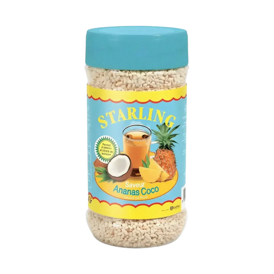 Theeblik met ananas en kokosnoot STARLING. Etiket met ananas, kokosnoot en theeglas.