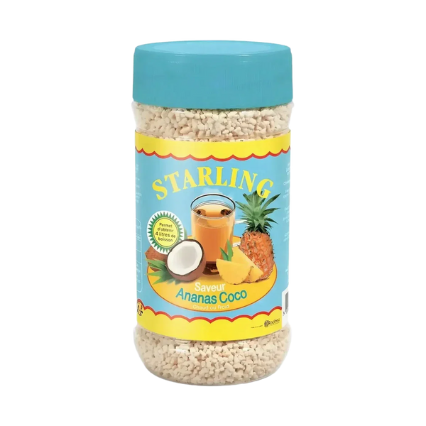 Boîte de thé à l'ananas et coco STARLING. Étiquette avec ananas, coco et verre de thé.