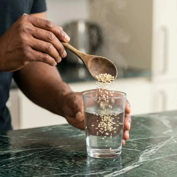 STARLING Thé à l'ananas coco : Une personne verse des graines dans un verre d'eau.