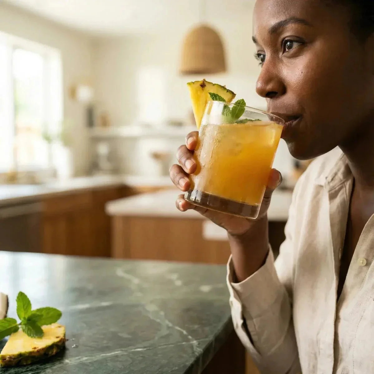 Een vrouw drinkt een STARLING ananas- en kokosnoosthee. Op de achtergrond een lichte keuken.