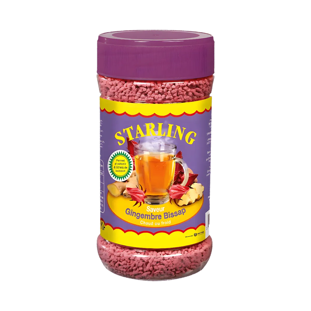 Thé au Bissap Gingembre STARLING - Boost Rafraîchissant en pot violet, infusion instantanée aux saveurs florales et épicées, 400g.