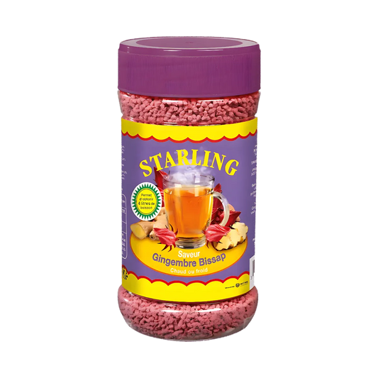 Thé au Bissap Gingembre STARLING - Boost Rafraîchissant en pot violet, infusion instantanée aux saveurs florales et épicées, 400g.