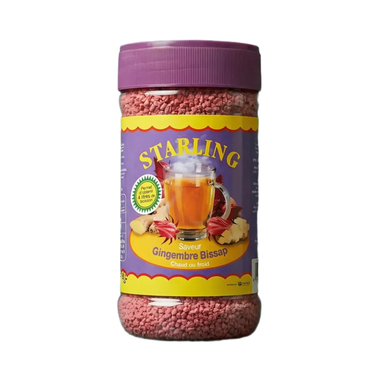Bissap- en gemberthee STARLING. Plastic pot gevuld met roze korrels.