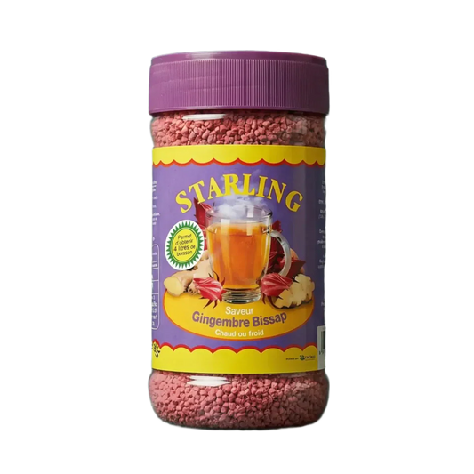 Bissap- en gemberthee STARLING. Plastic pot gevuld met roze korrels.