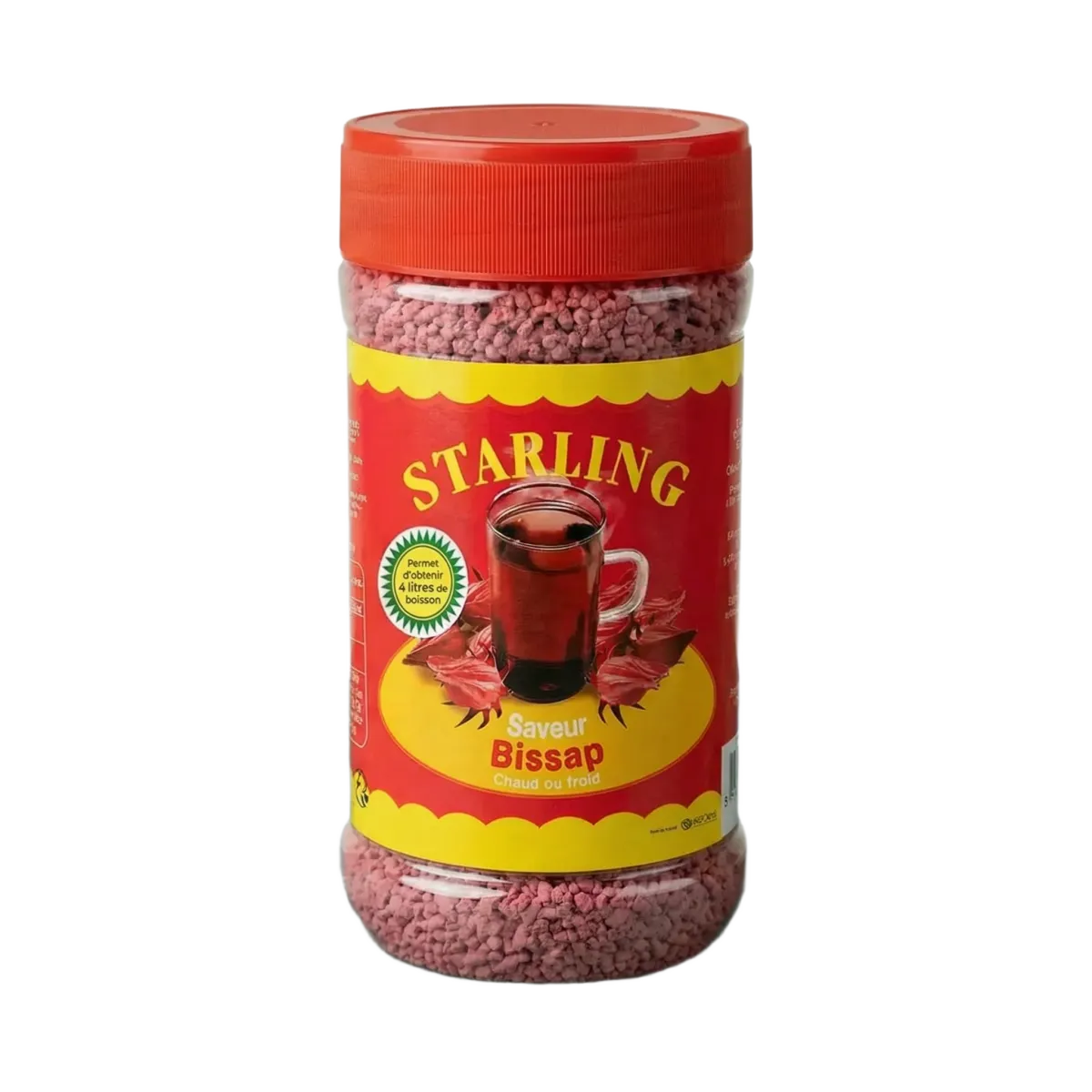 Bissap-thee STARLING 400g in een doorzichtige pot met rode dop.