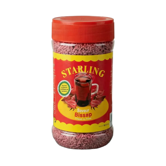 Bissap-thee STARLING 400g in een doorzichtige pot met rode dop.