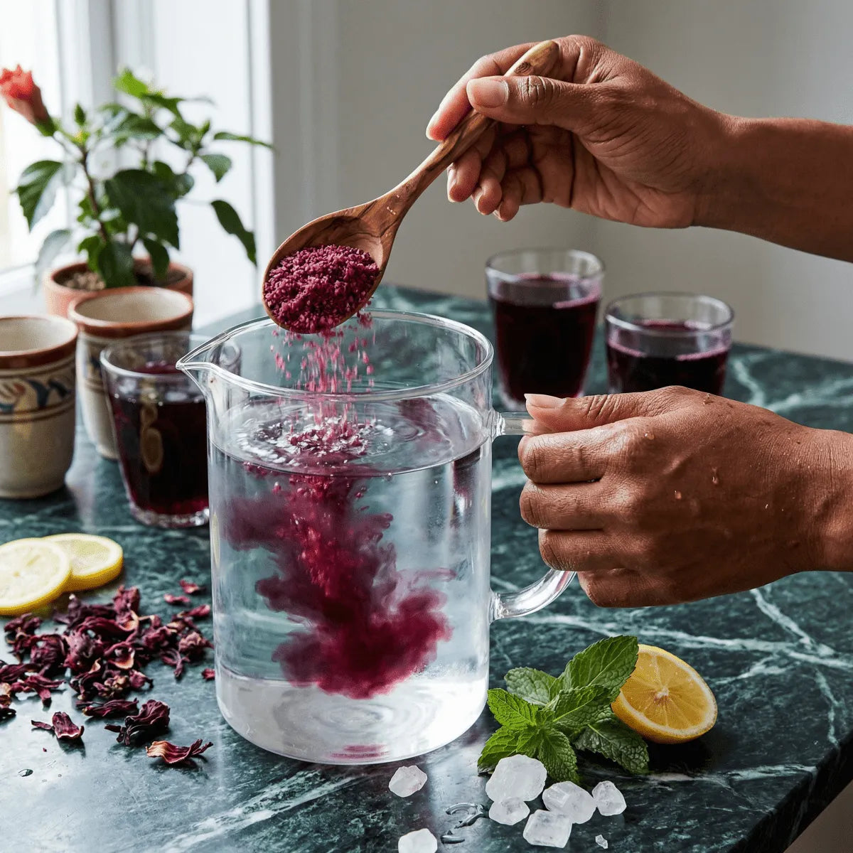 STARLING hibiscus tea. Preparing a drink with hibiscus.