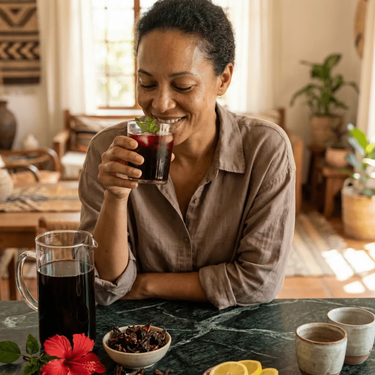 STARLING hibiscus tea. Woman tasting a red drink. Pitcher, hibiscus flower, lemon.