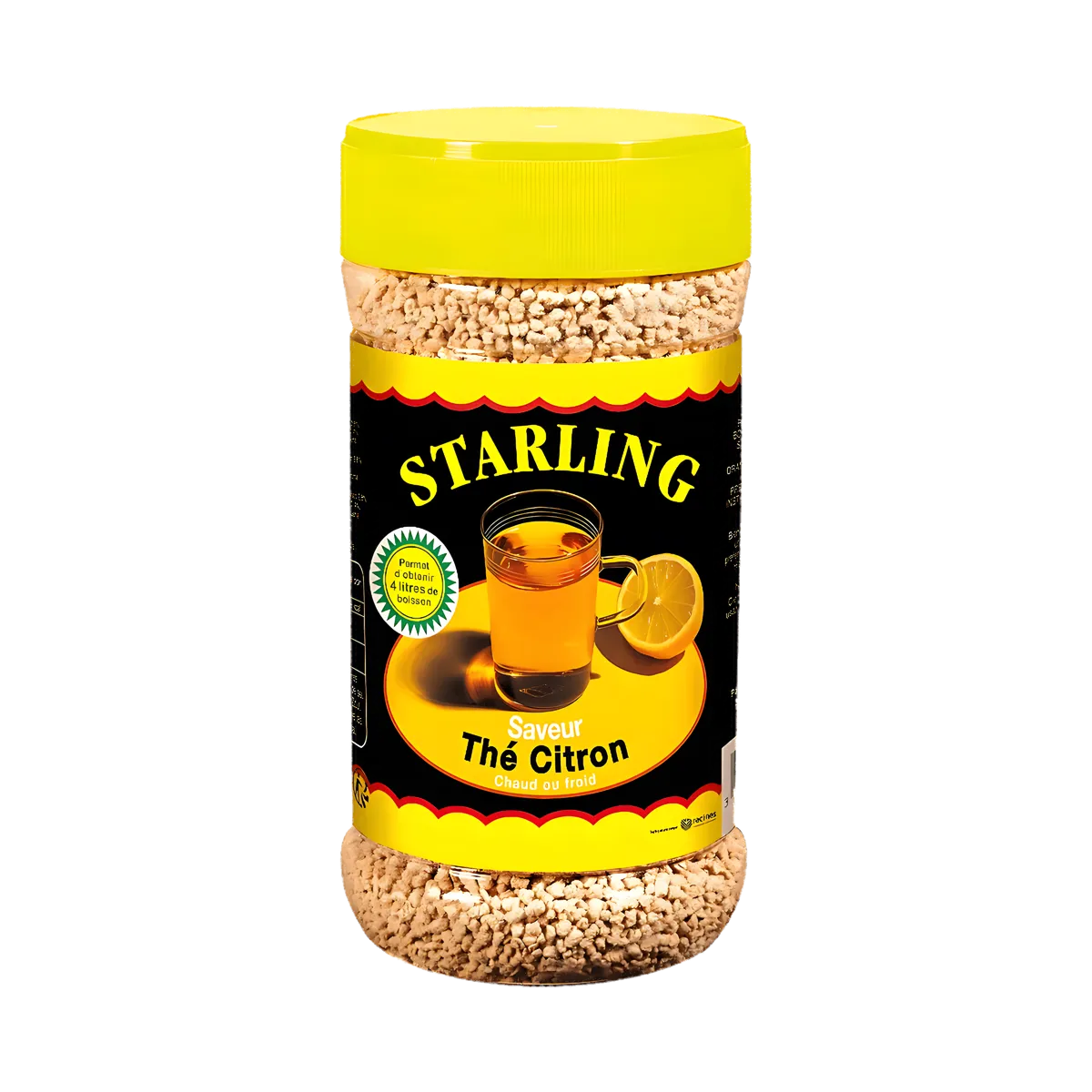 Boîte de Thé au citron STARLING instantané avec étiquette jaune et noire, idéale pour une boisson savoureuse et rapide à préparer.