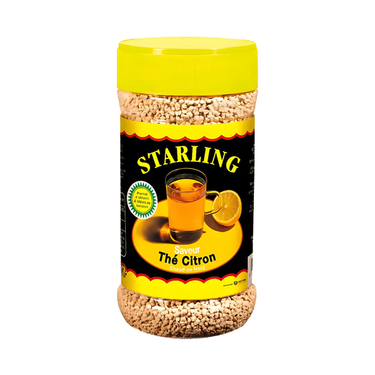 Boîte de Thé au citron STARLING instantané avec étiquette jaune et noire, idéale pour une boisson savoureuse et rapide à préparer.