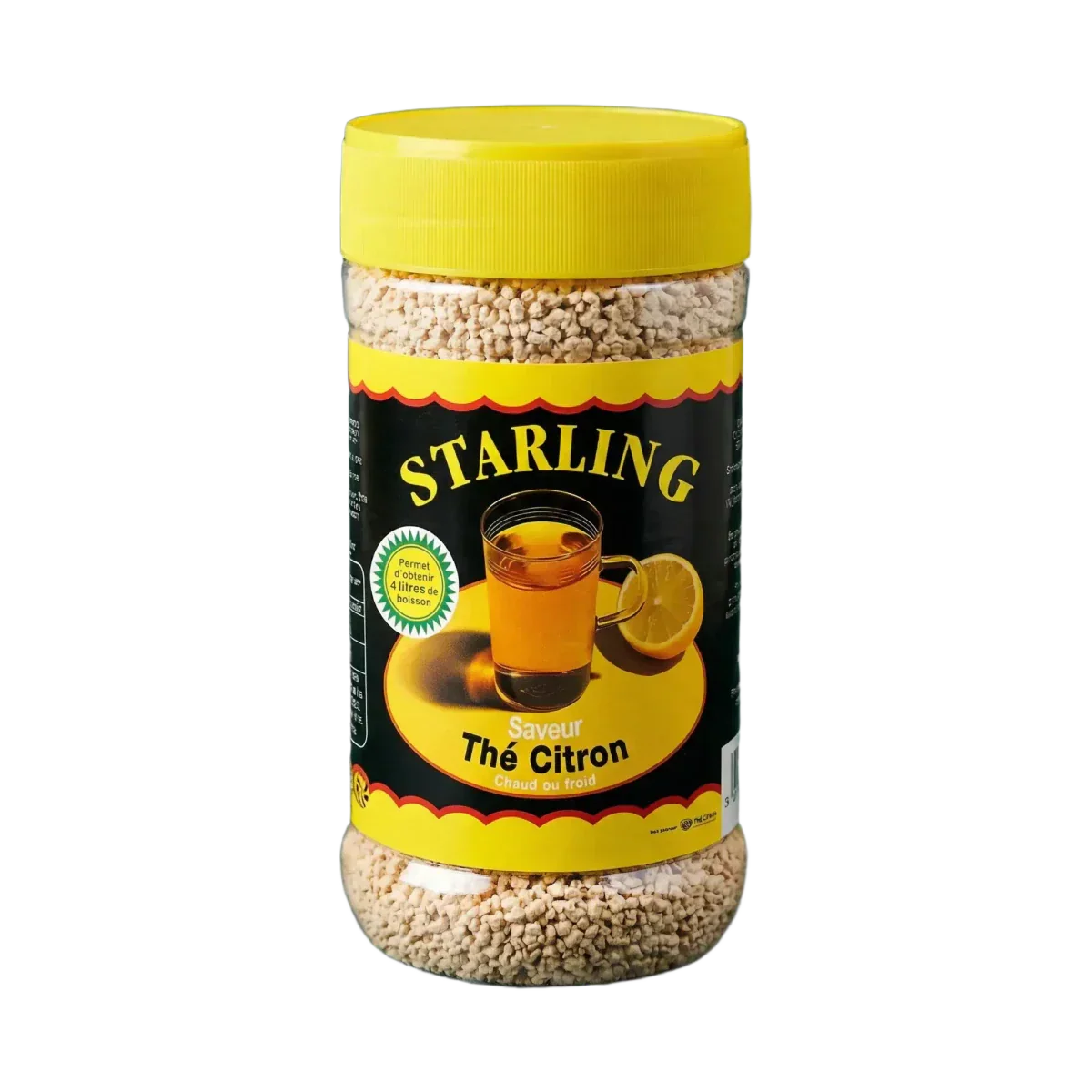 Citroentheegranulaat van Starling, gepresenteerd in een doorzichtige plastic pot met een.