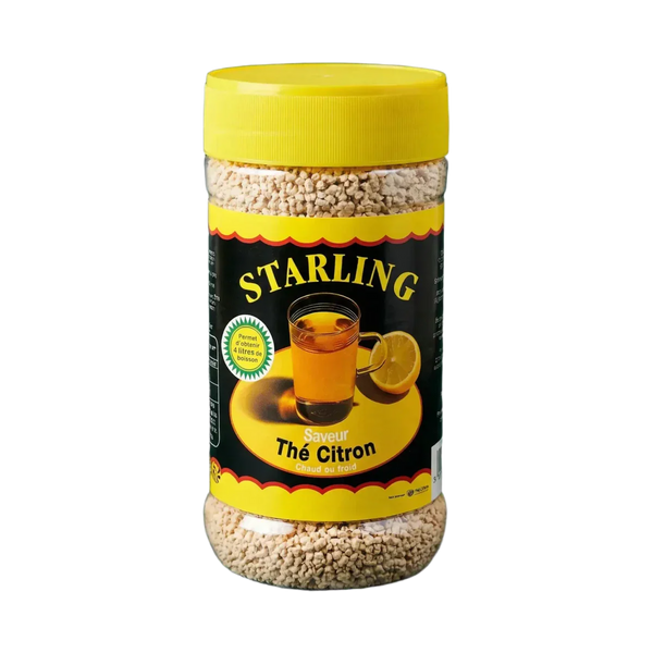 Thé au citron en granules de Starling, présenté dans un bocal en plastique transparent avec un.