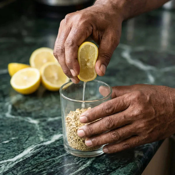 Instant STARLING lemon tea poured into a glass, with sliced lemons beside it.