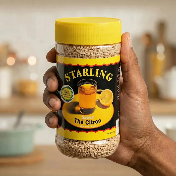 STARLING instant lemon tea, coated with small granulated crystals.